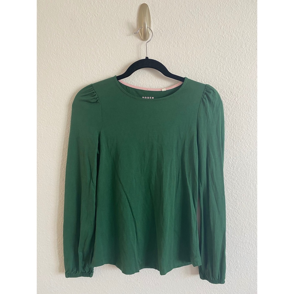 Boden Puff Sleeve Top Womens US 4 Green Long Sleeve Pink Trim Crewneck